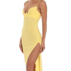 Lucy in the Sky Crepe Rhinestone Corset Maxi Dress in Yellow